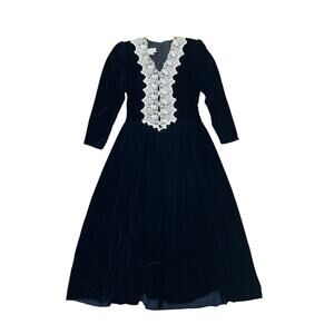 1990s VTG Jessica McClintock Navy Blue Lace Velvet Silk Blend Maxi Dress Size 8